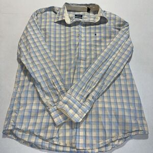 IZod Men's Button Down Shirt Yellow And Blue Plaid Size M